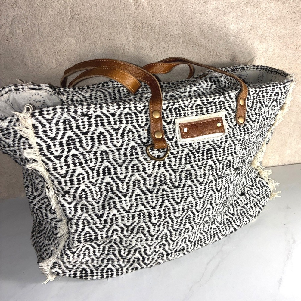 Myra Bag Black White Tote - Large- Woven Geometric Frayed Leather Boho Western